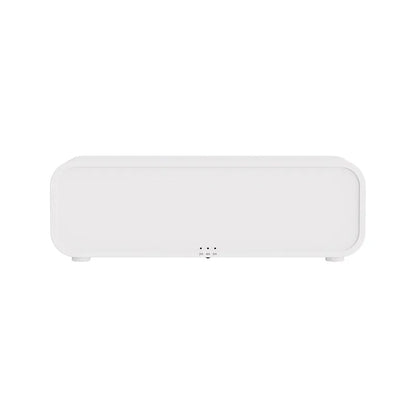 Black and white USB aroma diffuser with remote control showing flame dynamic and colour-changing light effects.