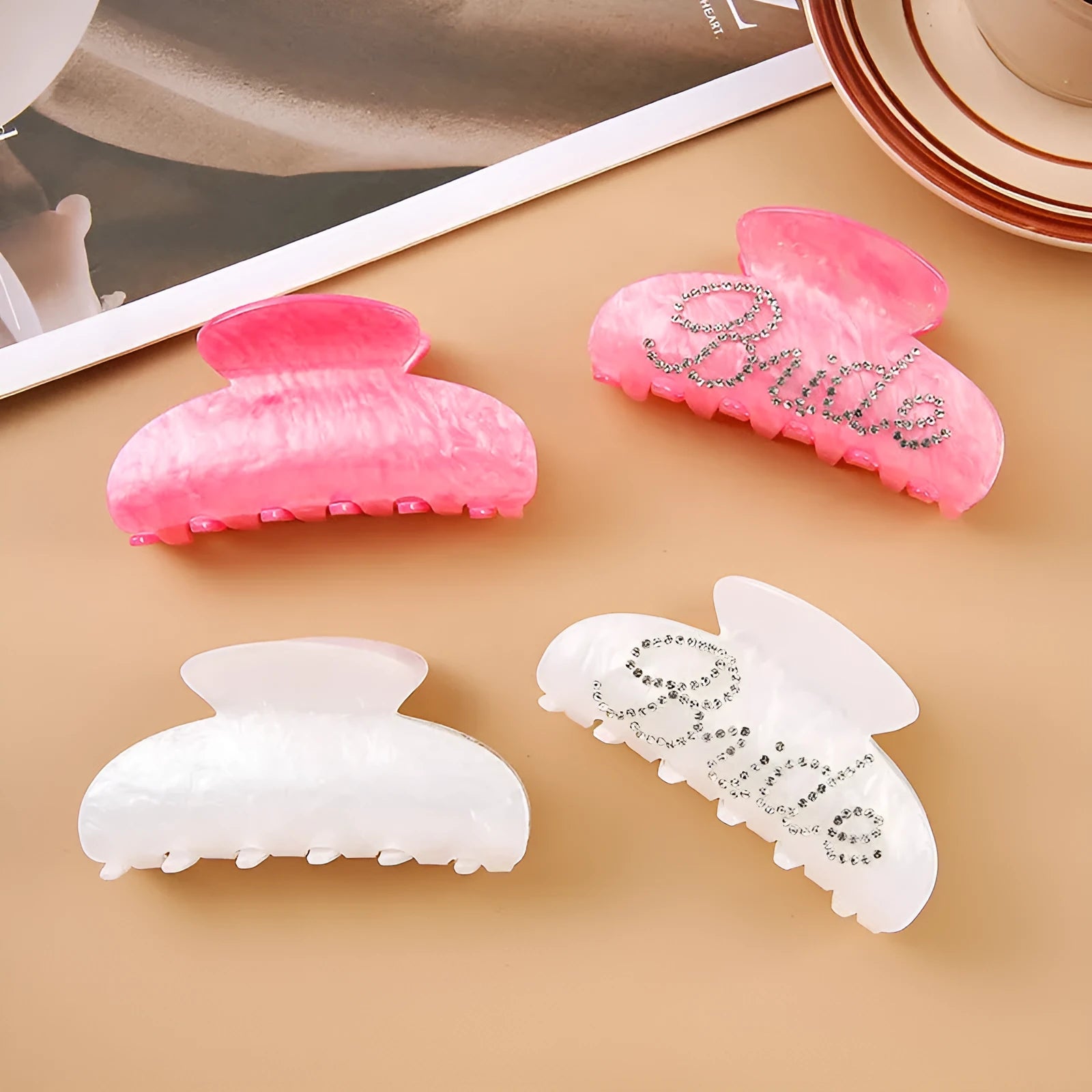 10cm pink acrylic shark hair clip with multi-diamond spot drill decoration and barrette clasp