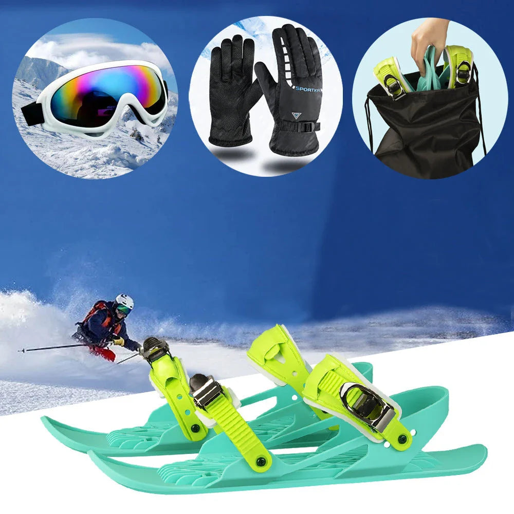Adjustable snowshoeing mini skates with durable nylon soles, reinforced TPU laces, and customizable metal buckles for a secure fit across a wide range of shoe sizes
