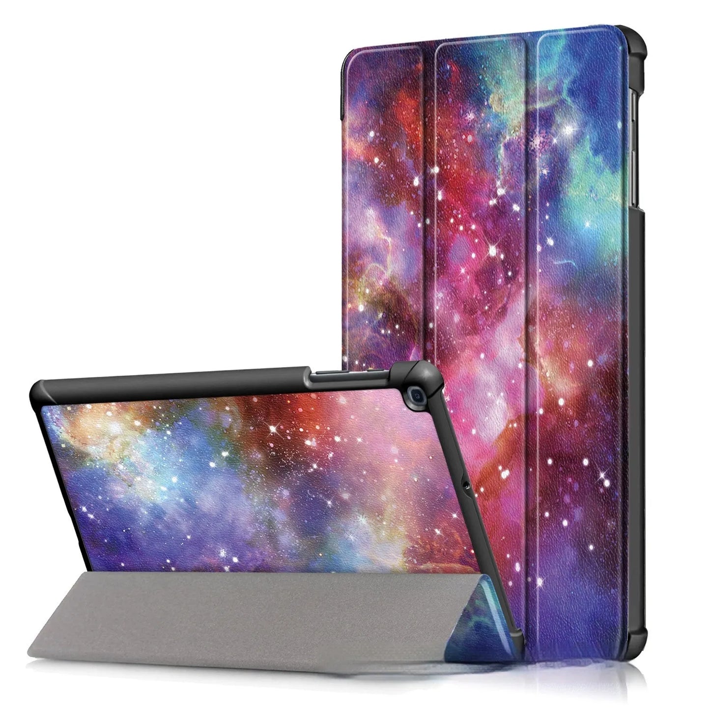 Plastic tri-fold flip cover case for a Samsung tablet showing decorative design options.