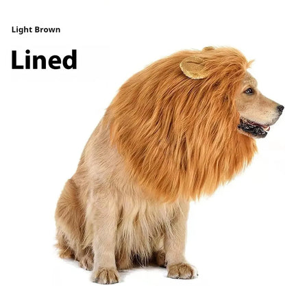 Dog wearing a lion mane headdress costume in light brown with an elastic neckband.