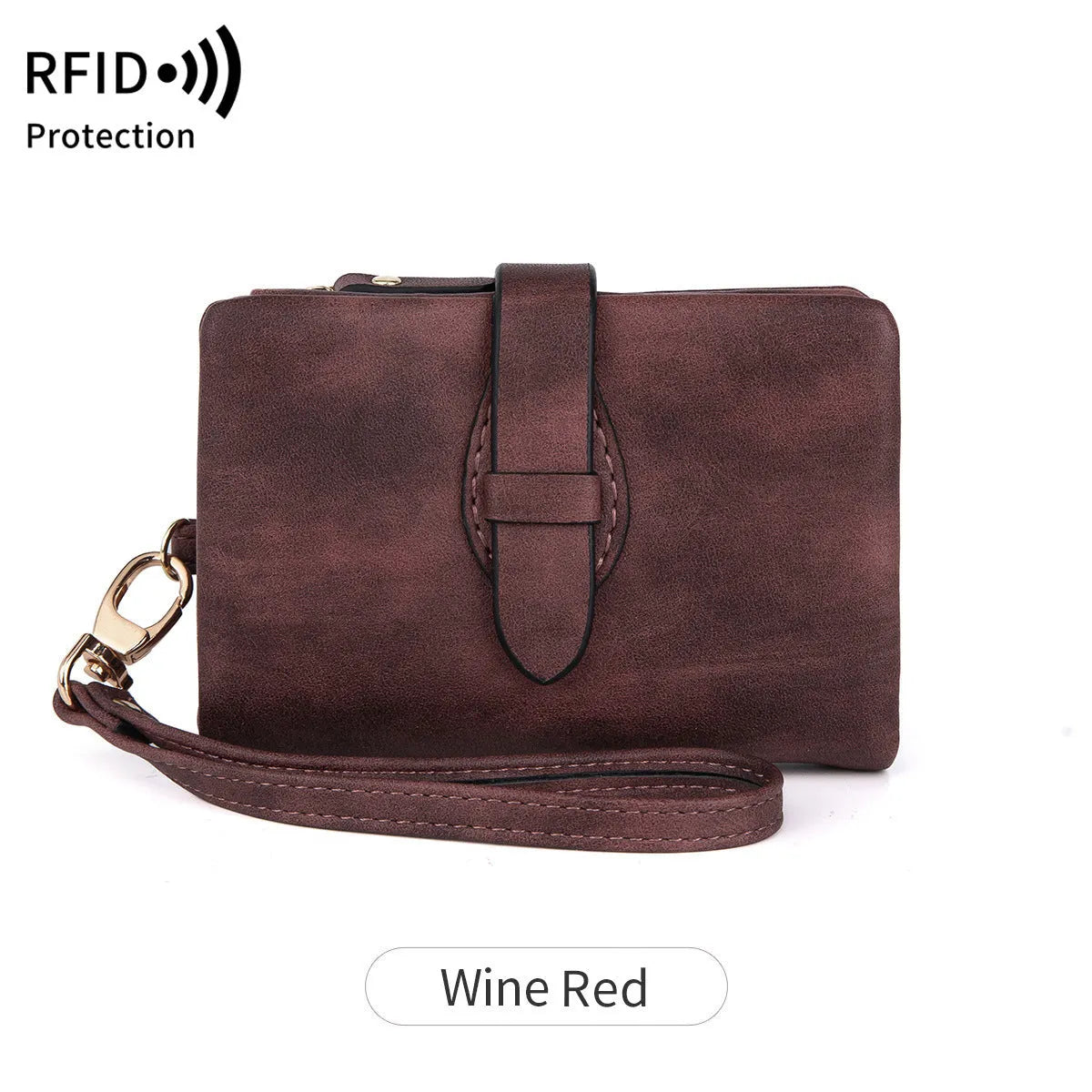 RFID women's short wallet in PU leather with sewing line detail, available in eight colours