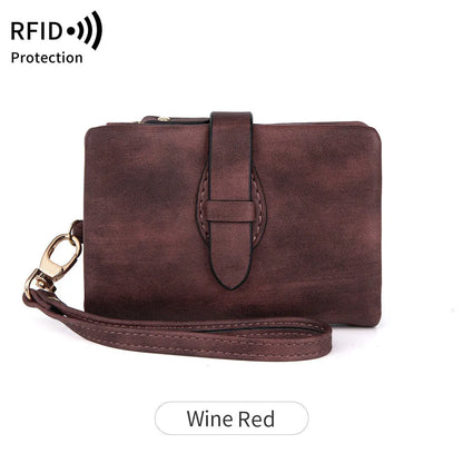 RFID women's short wallet in PU leather with sewing line detail, available in eight colours