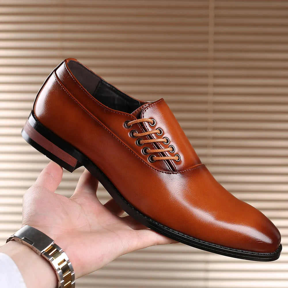 Men's business formal shoes in black, wine red or yellow, breathable PU upper, sizes 38 to 48