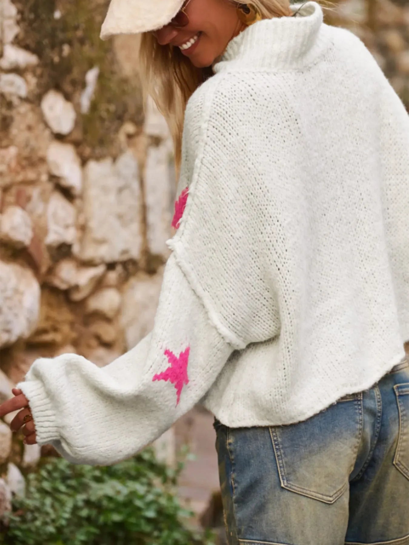 White women's loose turtleneck sweater with five-pointed star pattern and imitation velvet fabric