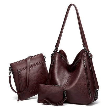 Women's three piece bag set in PU with tote, crossbody and back bag, 34 x 12 x 34 cm, zip closure