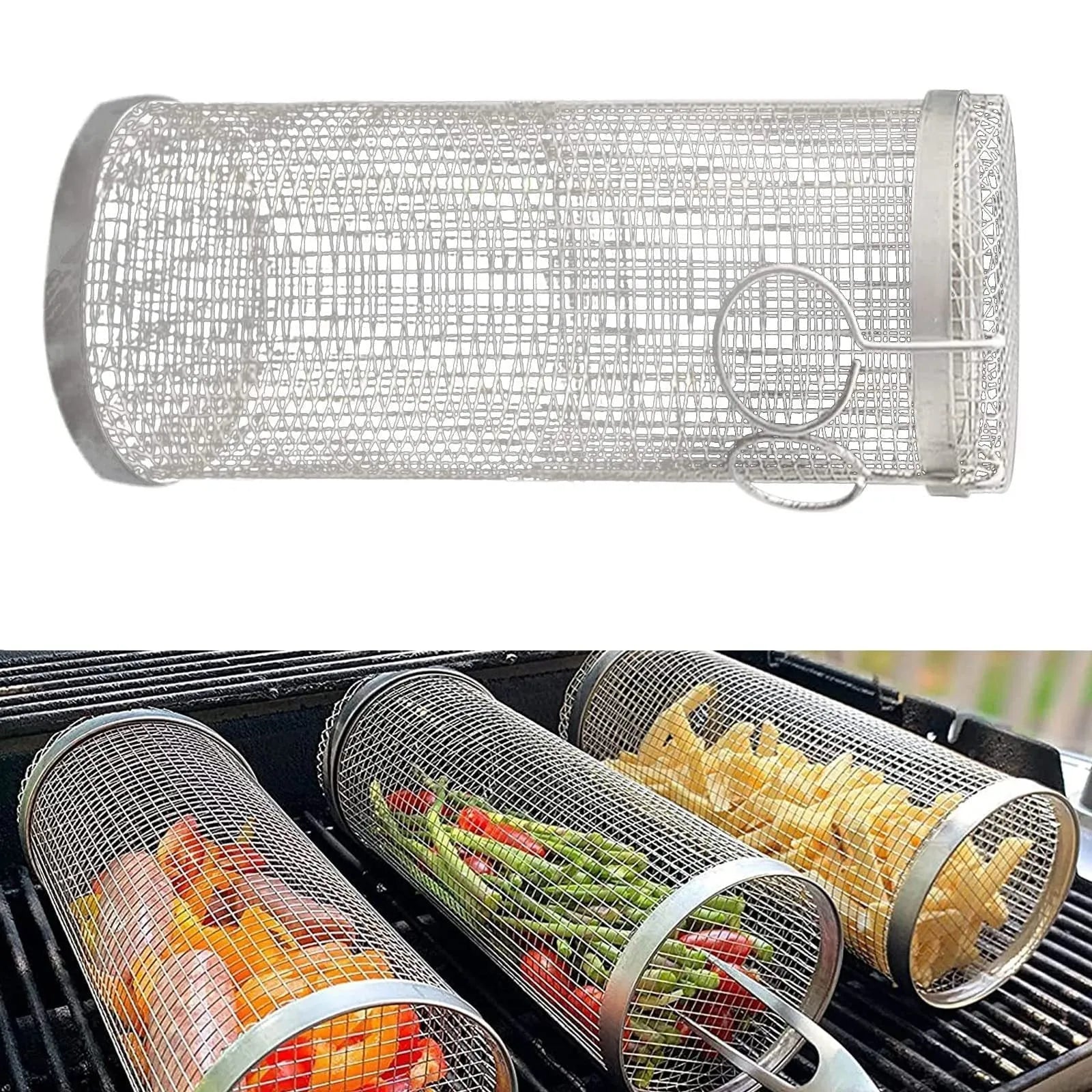 Silver iron wire rolling cylinder BBQ basket with mesh design and a hook for grilling.