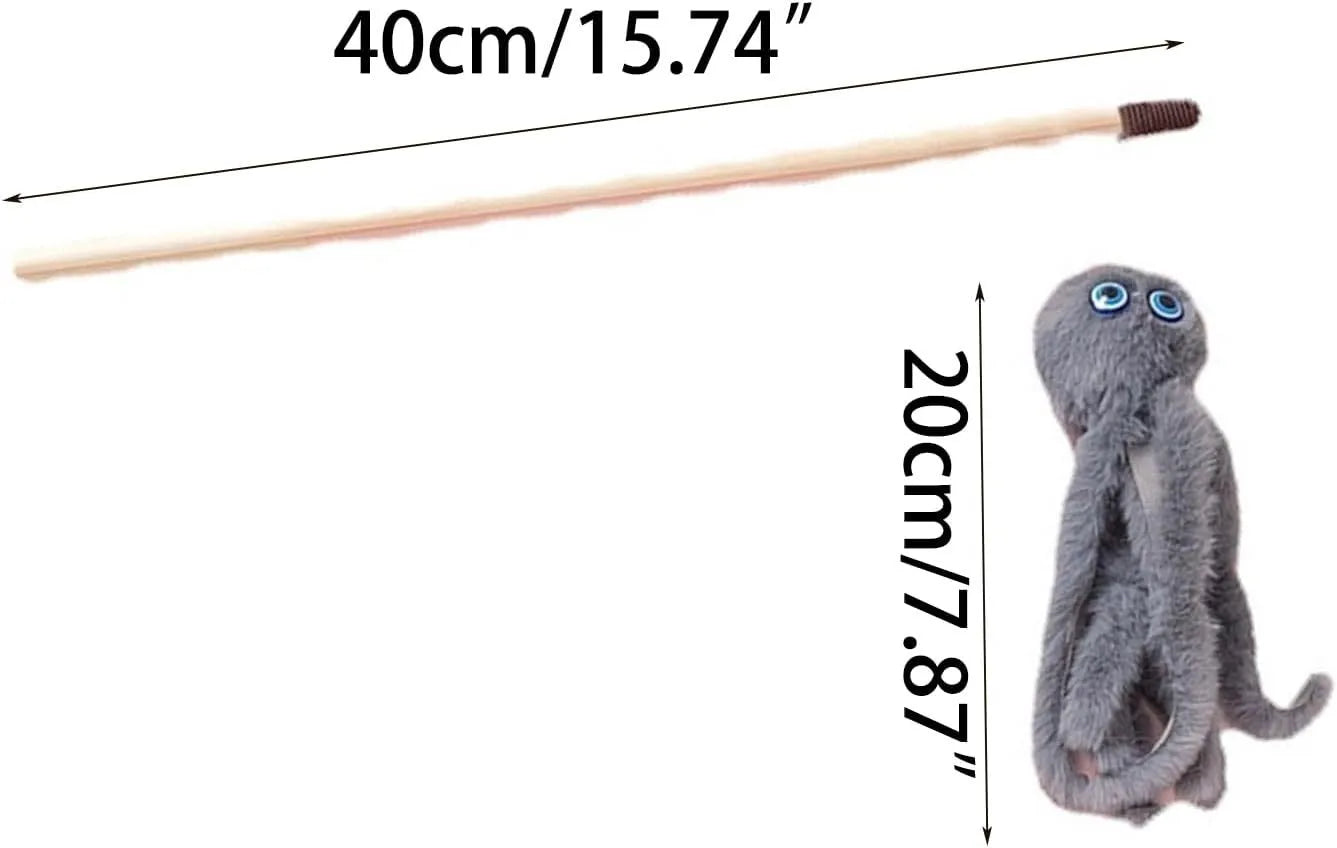Octopus-themed furry cat toy attached to a long stick, shown in pink colour.