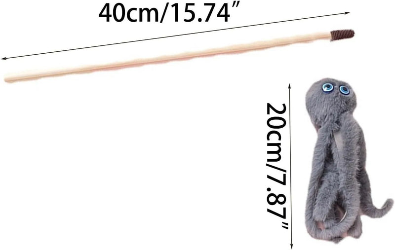 Indoor kitten toy with octopus design and long stick, featuring colourful furry body and eyes for active play, measuring 40cm long for safe interactive use.