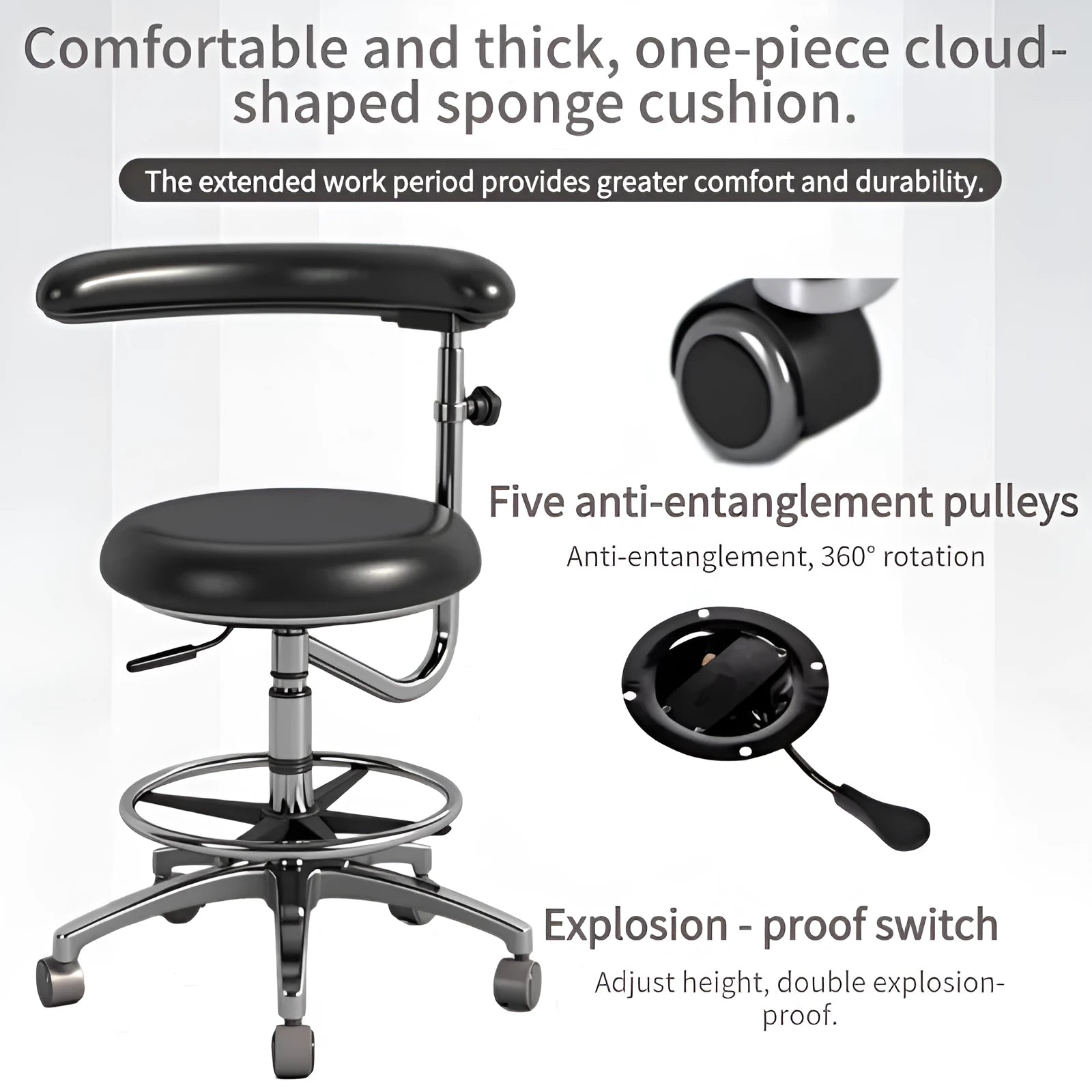 Black leather dental patient chair with hydraulic lift mechanism in a clinical setting