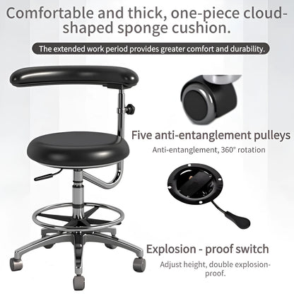 Black leather dental surgery chair with electric height adjustment mechanism for clinical use.