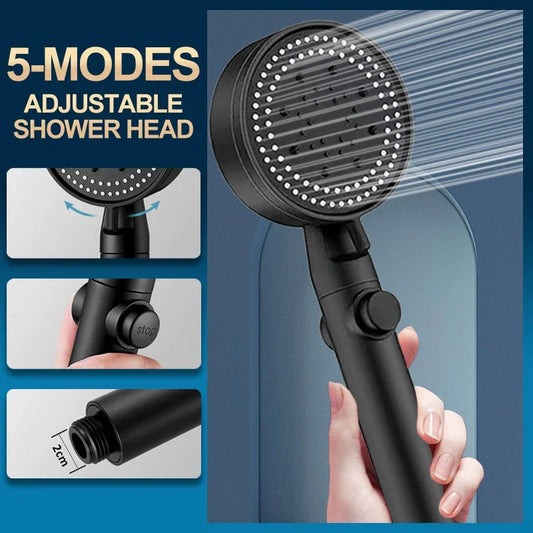 Premium 5-speed pressurized shower head with large water output, ABS construction, and modern minimalist design