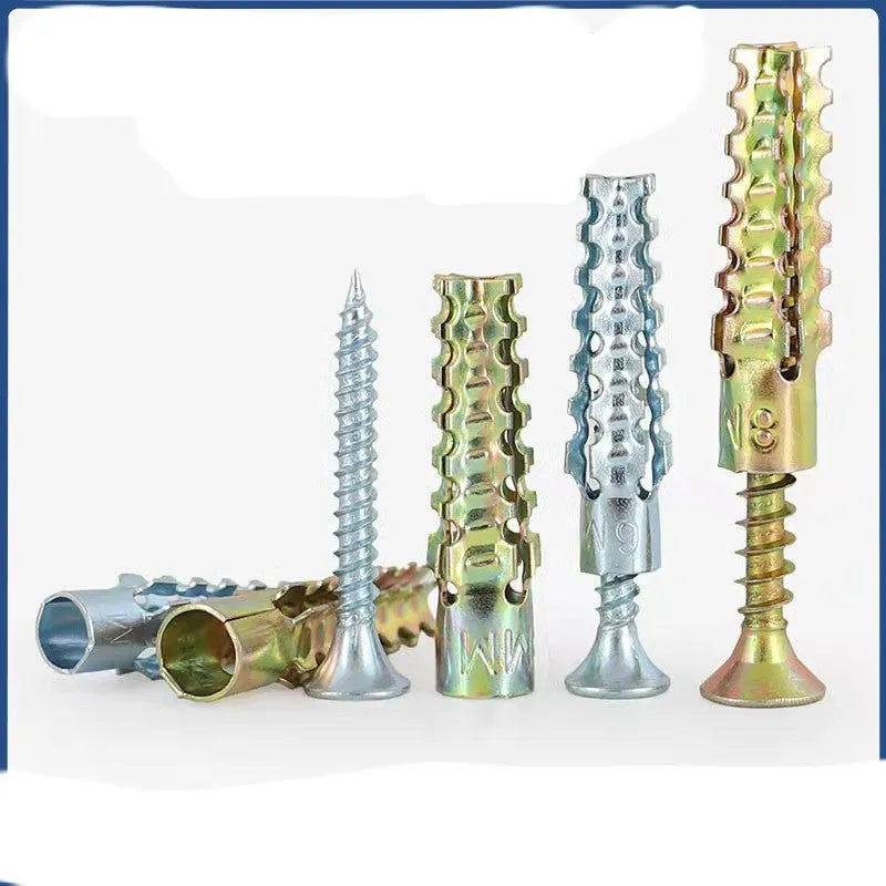 Barbed serrated metal expansion screw anchor for brick and concrete walls in various sizes.