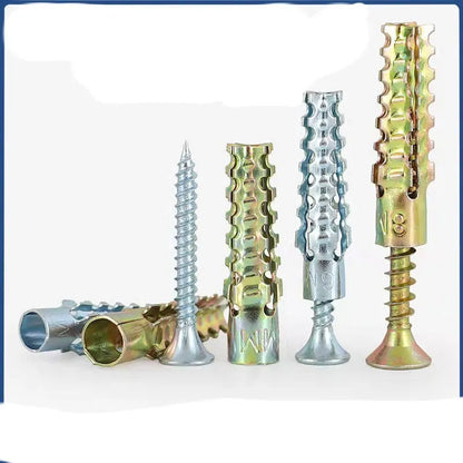 Barbed serrated metal expansion screw anchor for brick and concrete walls in various sizes.