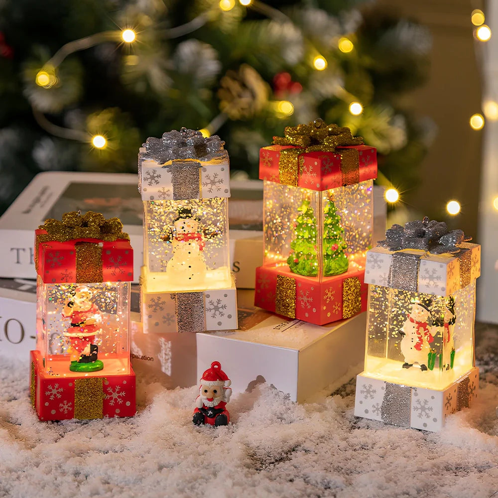 Red and white Christmas crystal ball lights with cartoon designs measuring 5.5cm