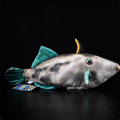 Green fin pufferfish plush toy doll measuring 42cm tall on a white background.