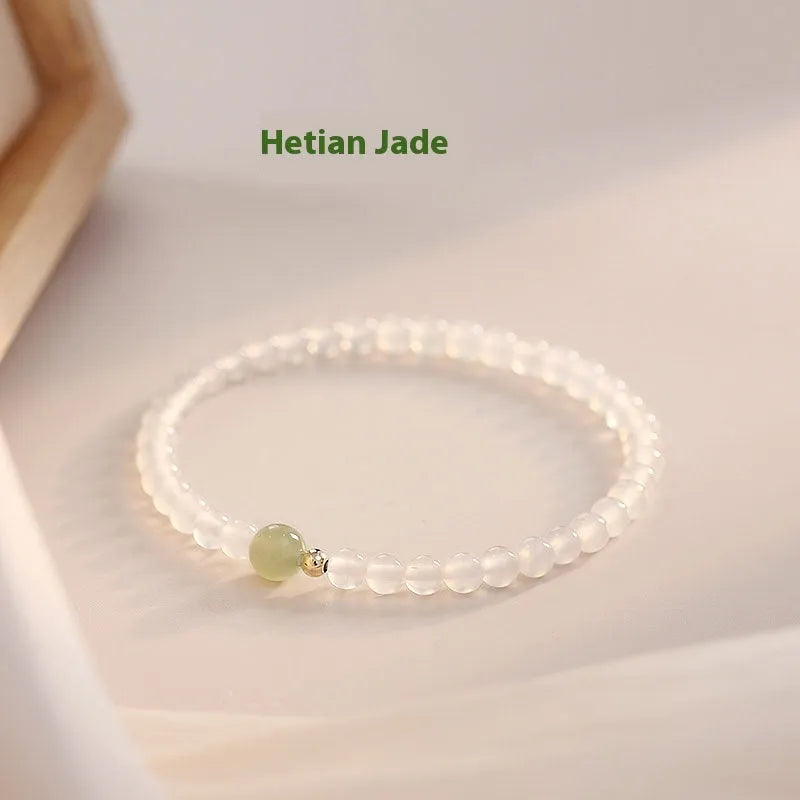 Natural Hetian Jade White Agate Women's Bracelet in New Chinese Style, manual processing for female wearers, 15cm length single piece bracelet.