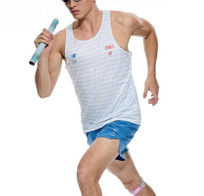 Men's black and blue stretch running shorts with laser punch stitching detail on the legs.