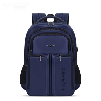 Large capacity canvas travel backpack 56-75L in black with chain and splicing detail