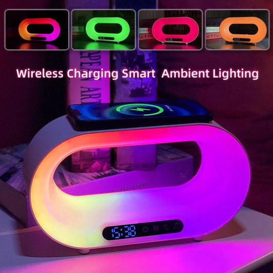 Multifunctional wireless charging desk lamp with dimmable RGB LED lighting, alarm clock, and fast wireless charging pad