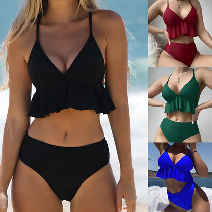 Women's solid colour split bikini swimsuit in black, army green, brick red or blue