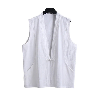 Men's light grey linen sleeveless vest with loose fit on hanger