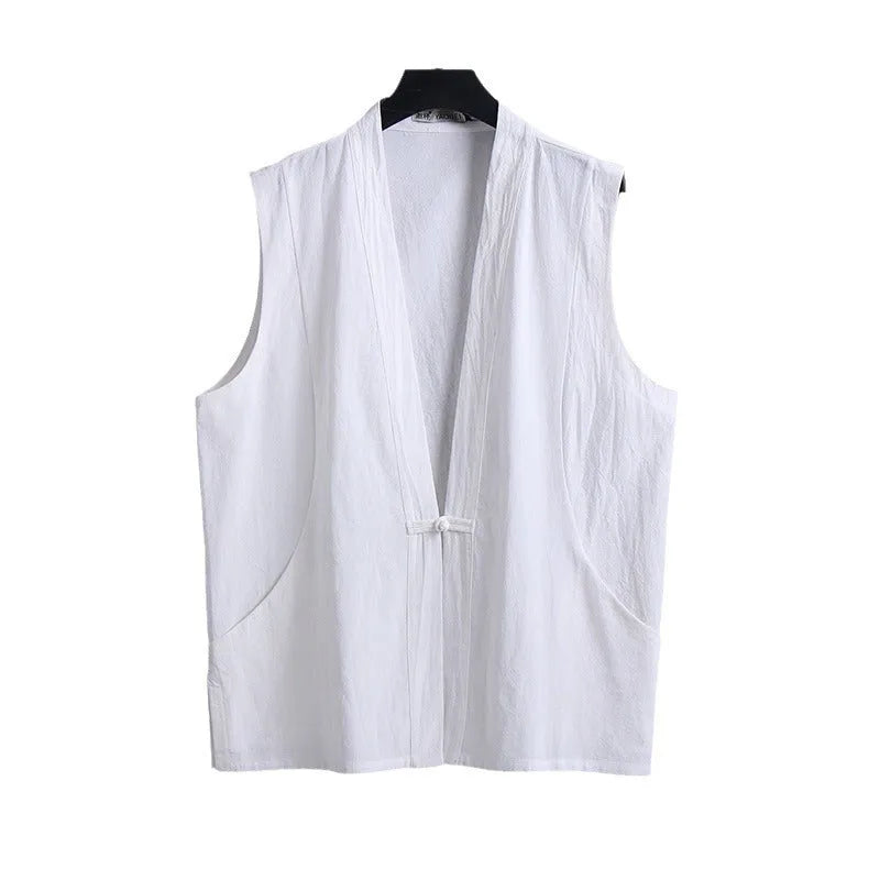 Men's linen sleeveless vest in thin summer fabric with loose fit, available in multiple solid colours including grey, black, apricot, blue and white across sizes M to 9XL for casual warm-weather wear