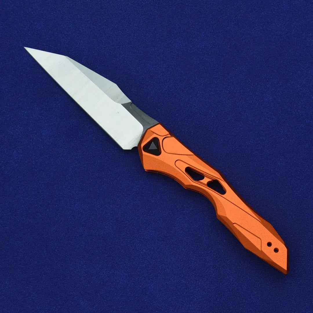 Black folding fruit knife with D2 steel blade and aluminium handle, shown open with length scale.