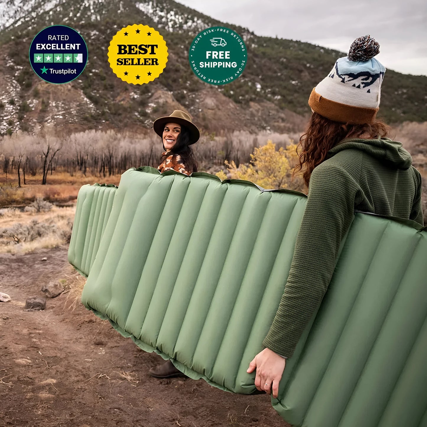 Single inflatable camping mattress in grey, shown at 195 cm length and 10 cm thickness.