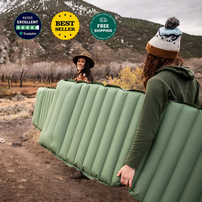 Single inflatable camping mattress in grey, shown at 195 cm length and 10 cm thickness.