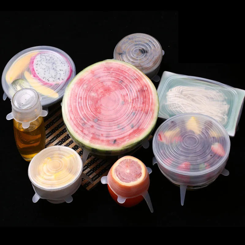 Six silicone stretch lids in graduated sizes from 6.5cm to 20.5cm diameter for covering bowls and jars