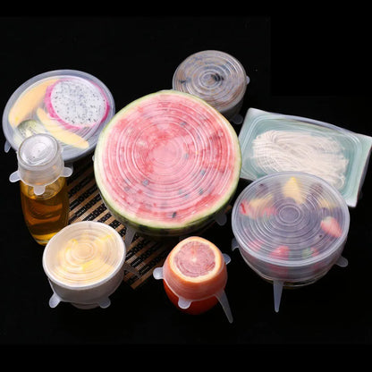 Six silicone stretch lids in graduated sizes from 6.5cm to 20.5cm diameter for covering bowls and jars