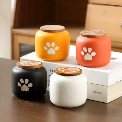 Ceramic pet funeral urn with foot print design in choice of colours and 180ml or 500ml sizes