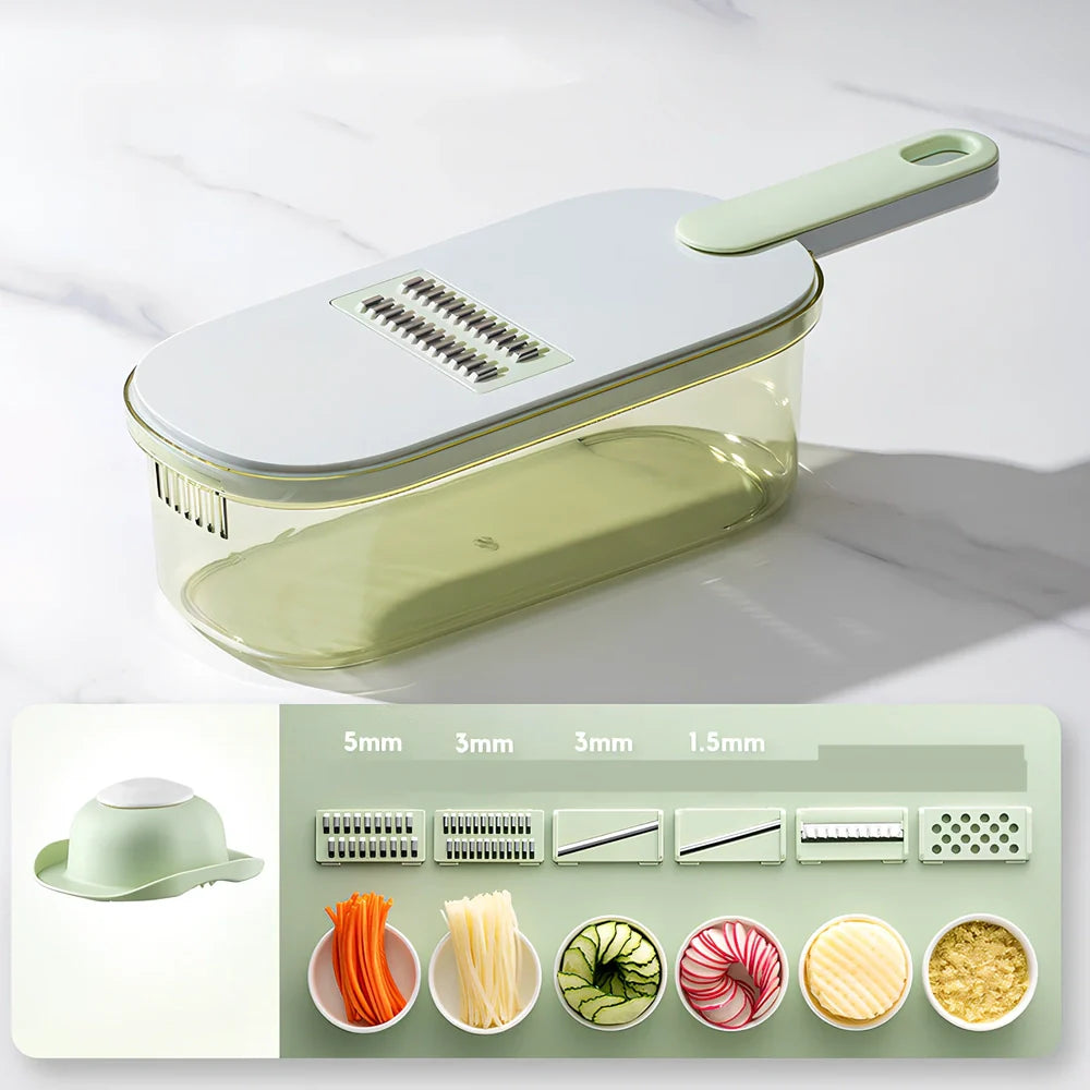 Shredded vegetable slicer with stainless steel blades on green cutting board