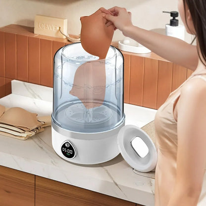 White portable USB-powered mini washing machine showing 13.5cm width and compact design