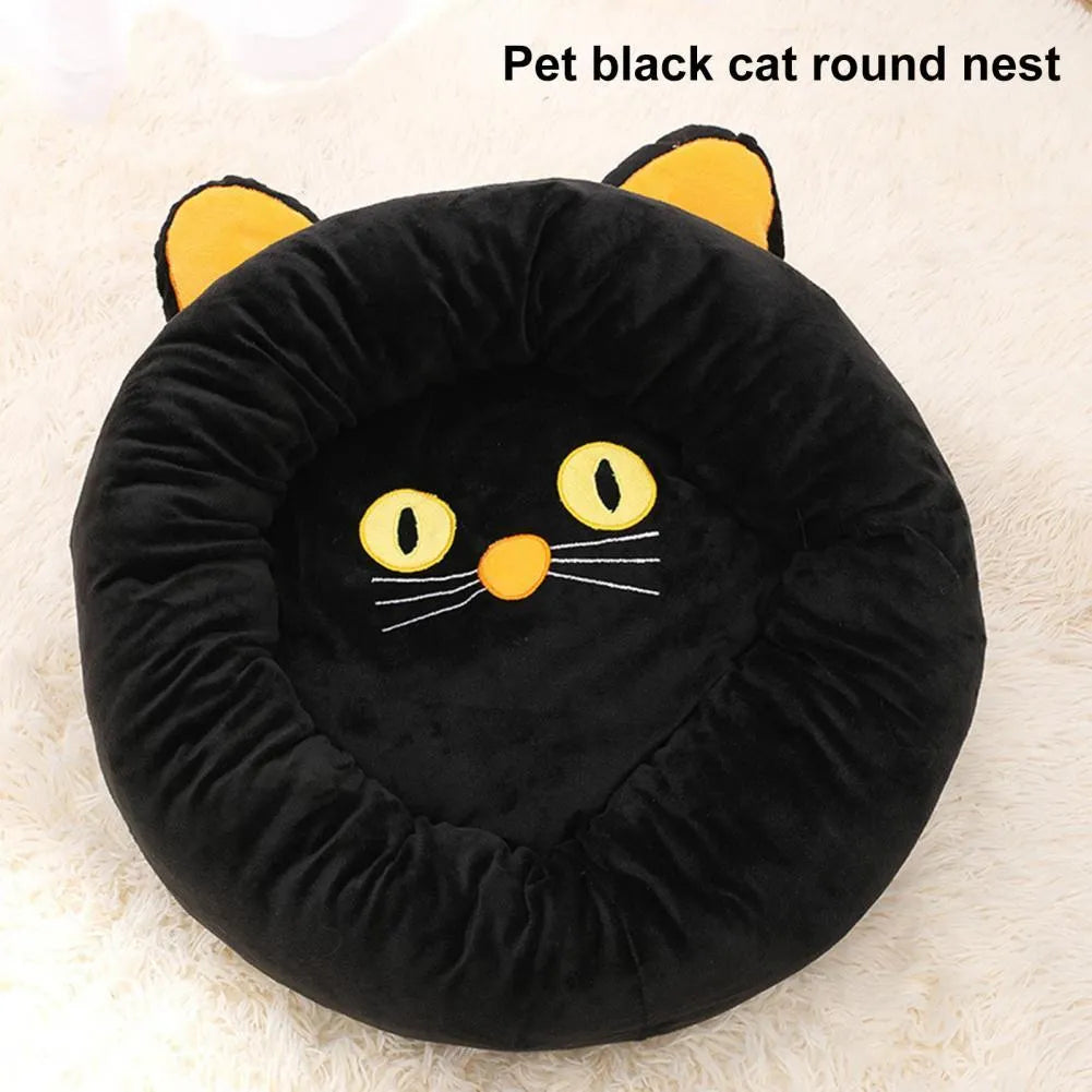 Black cat shaped velvet pet nest bed with raised edges for cats