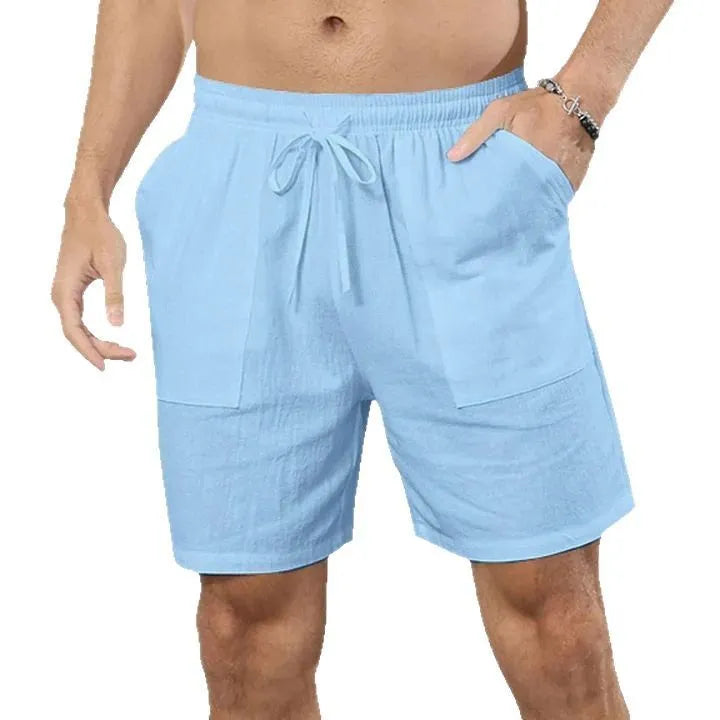 Men's light blue linen shorts with straight-leg cut on mannequin showing European sizing label