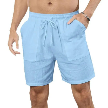 Men's light blue linen shorts with straight-leg cut on mannequin showing European sizing label