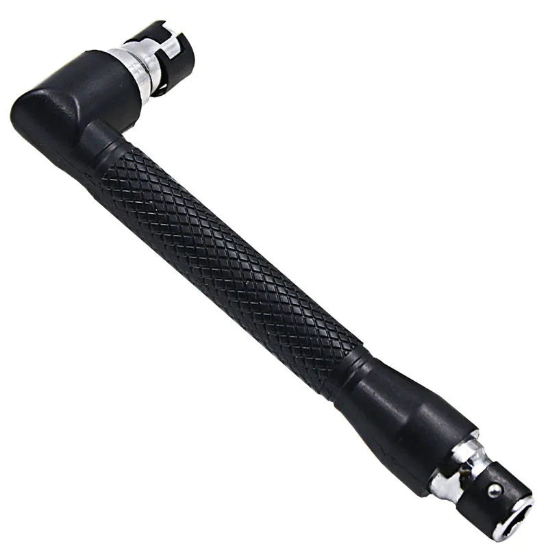 L-shaped double-headed socket wrench with ten screwdriver bits on steel background