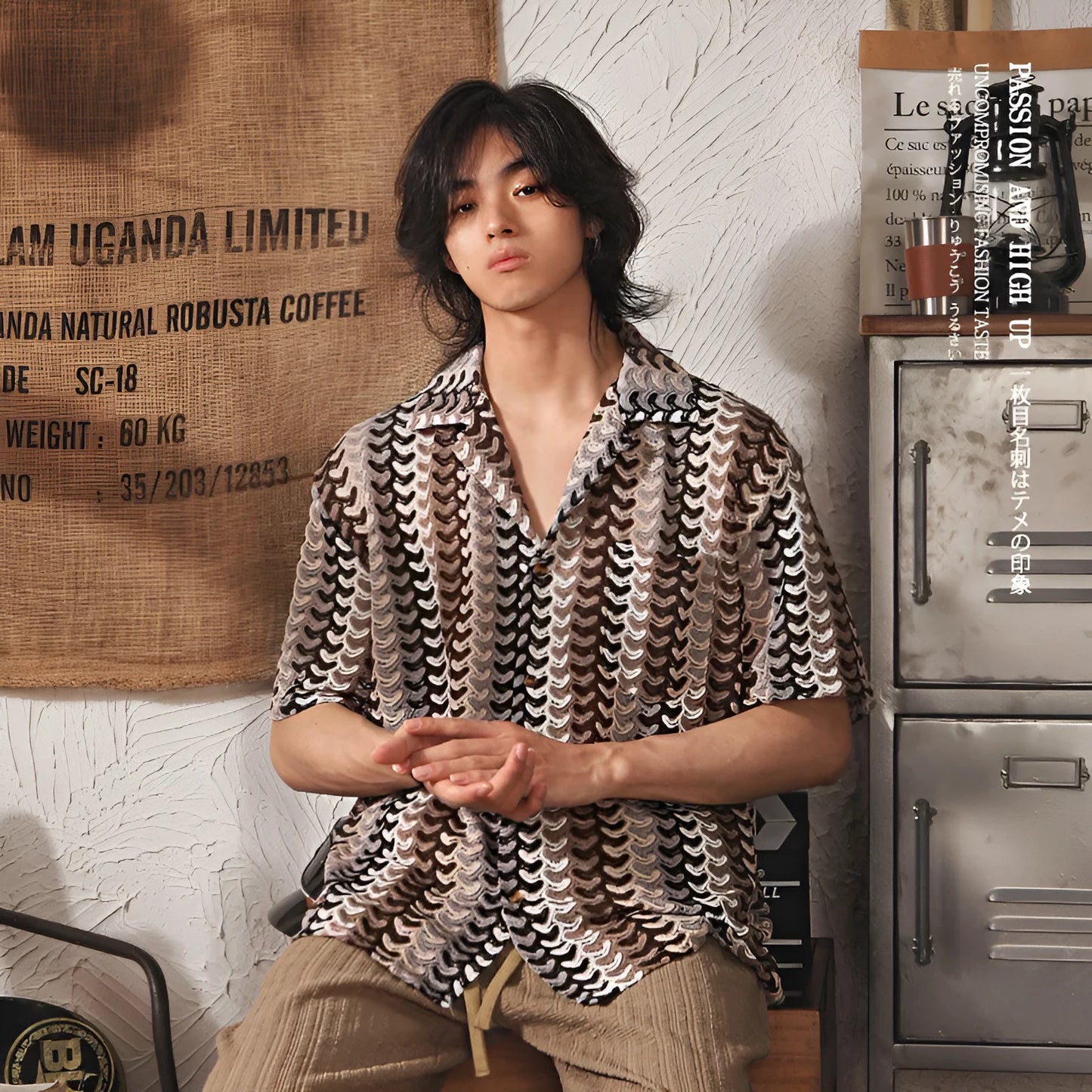 Grey plus-size men's Cuban collar shirt with a textured hollow jacquard print and short sleeves.