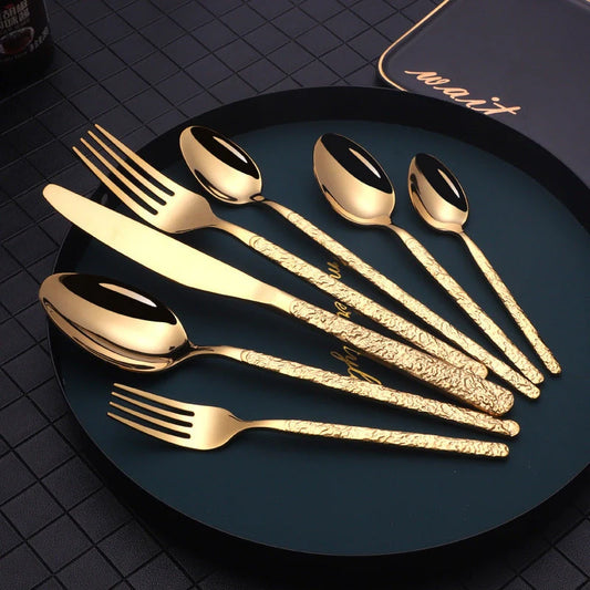 Premium embossed steak cutlery set with textured handles and mirror polish