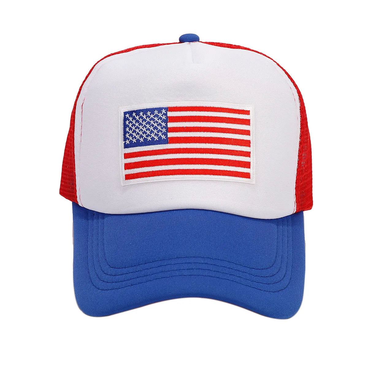 Red and blue contrasting colour breathable mesh baseball cap with adjustable strap