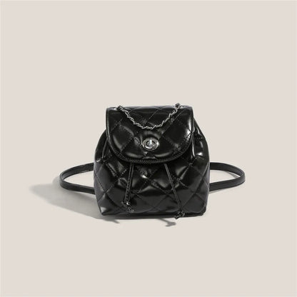 Women's rhombus plaid PU leather backpack with roll-top closure in various colours