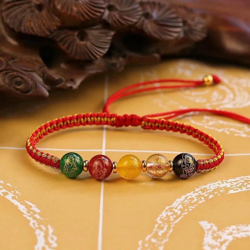 Hand-woven Five Gods of Wealth agate bracelet with geometric stone and red or black braided cord