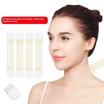Neck firming adhesive tape patches in skin tone with four packs containing twenty patches total