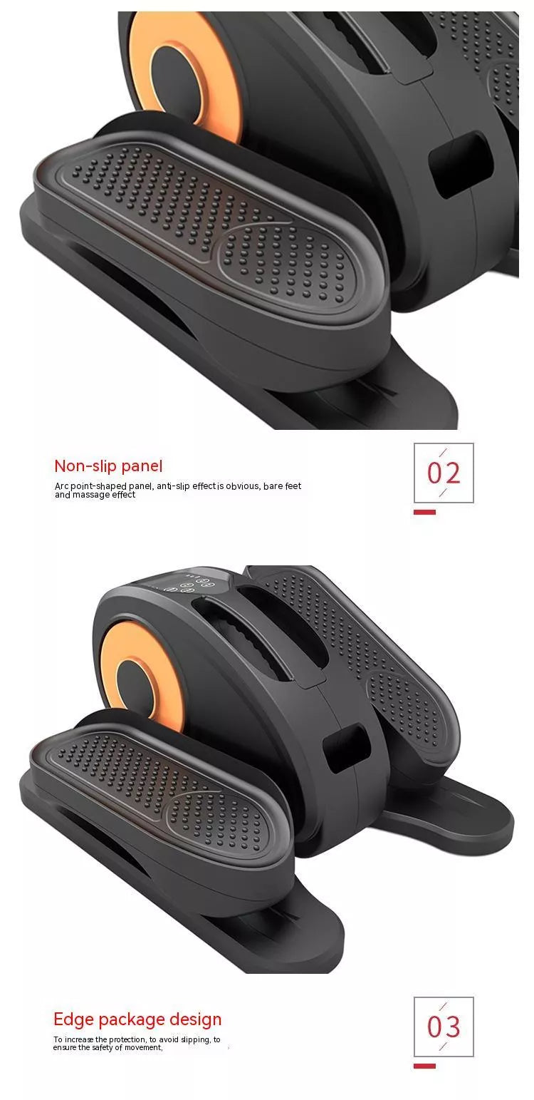 Compact electric elliptical trainer for home use in black, silver, or orange