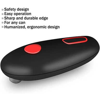 Black plastic electric can opener for hands-free opening of cans, jars, and bottles.