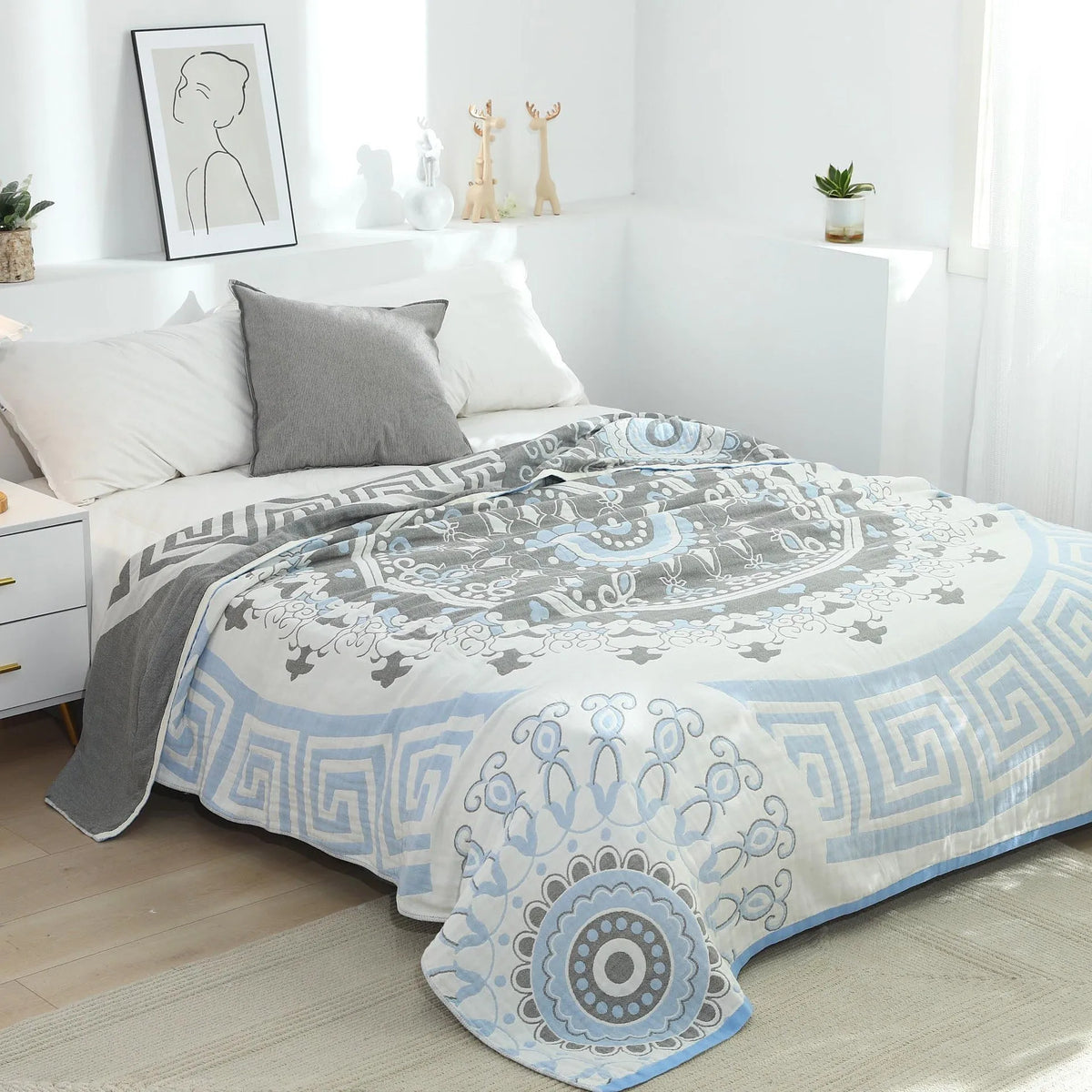 Pure cotton five-layer towel blanket with bohemian plant print, shown in blue or orange, 150x200cm or 200x230cm