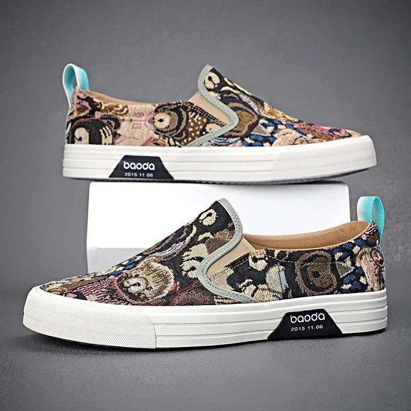 Low-top canvas slip-on sneakers with a vulcanised rubber sole in khaki colour on a neutral background.