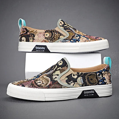 Low-top canvas slip-on sneakers with a vulcanised rubber sole in khaki colour on a neutral background.